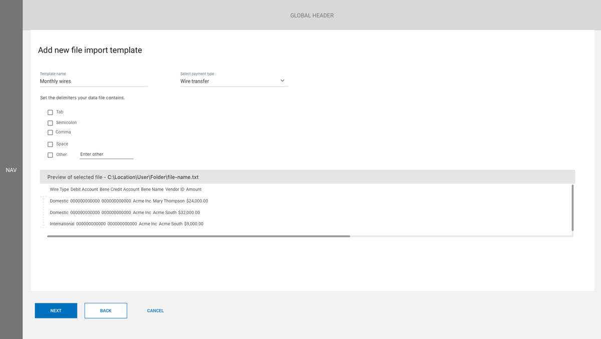 CMOS App, delimited format step 2