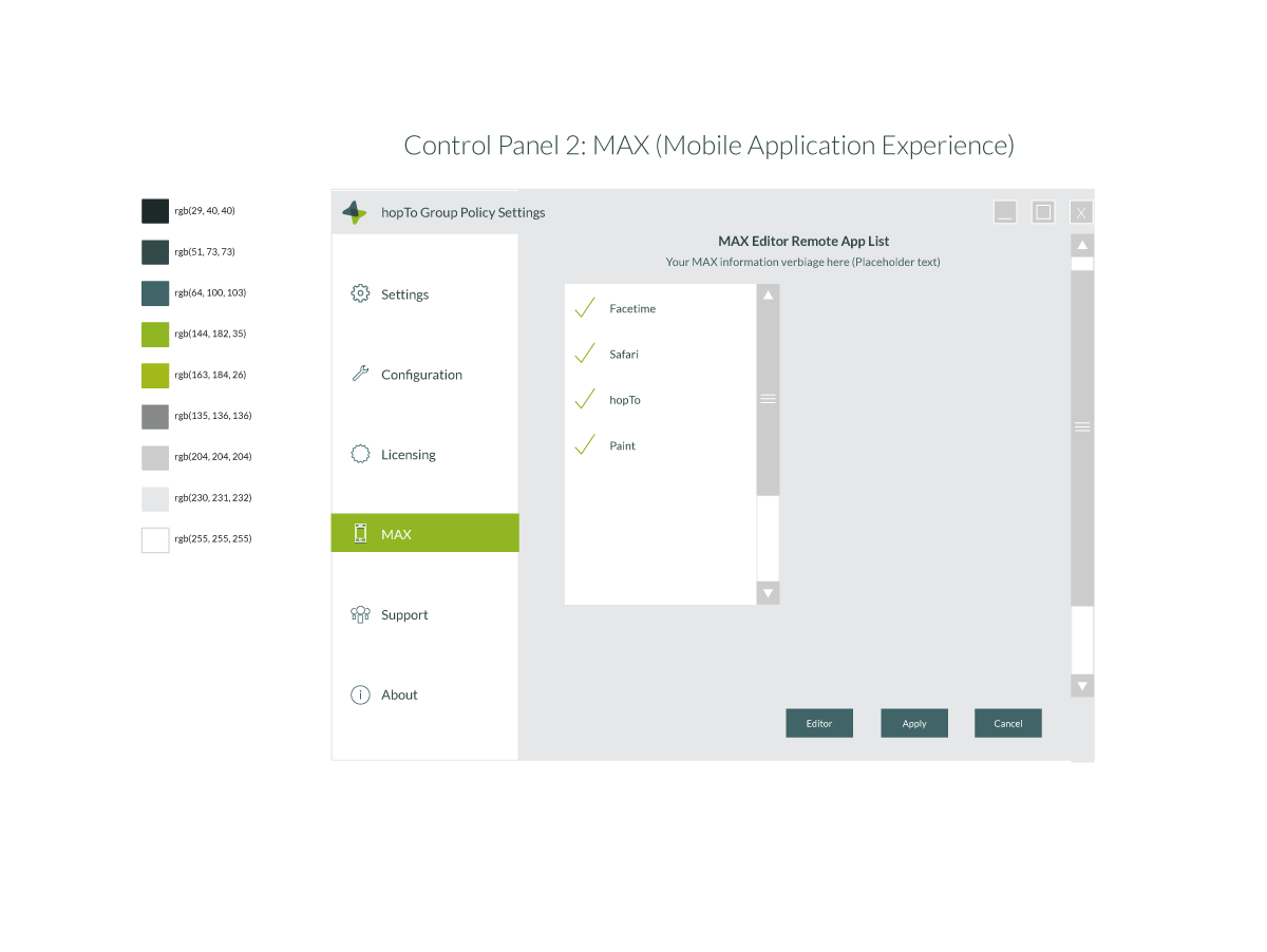 hopTo Control Panel, MAX screen