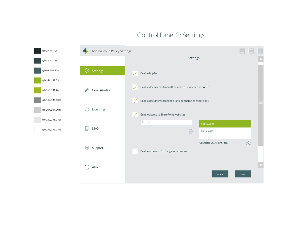 hopTo Control Panel, Settings screen