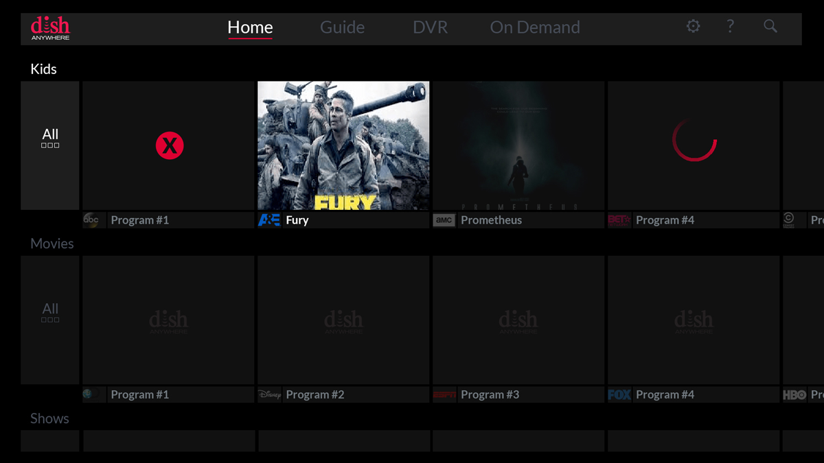 Sling TV, home screen