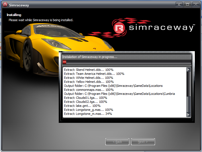 Simraceway installer, installing screen