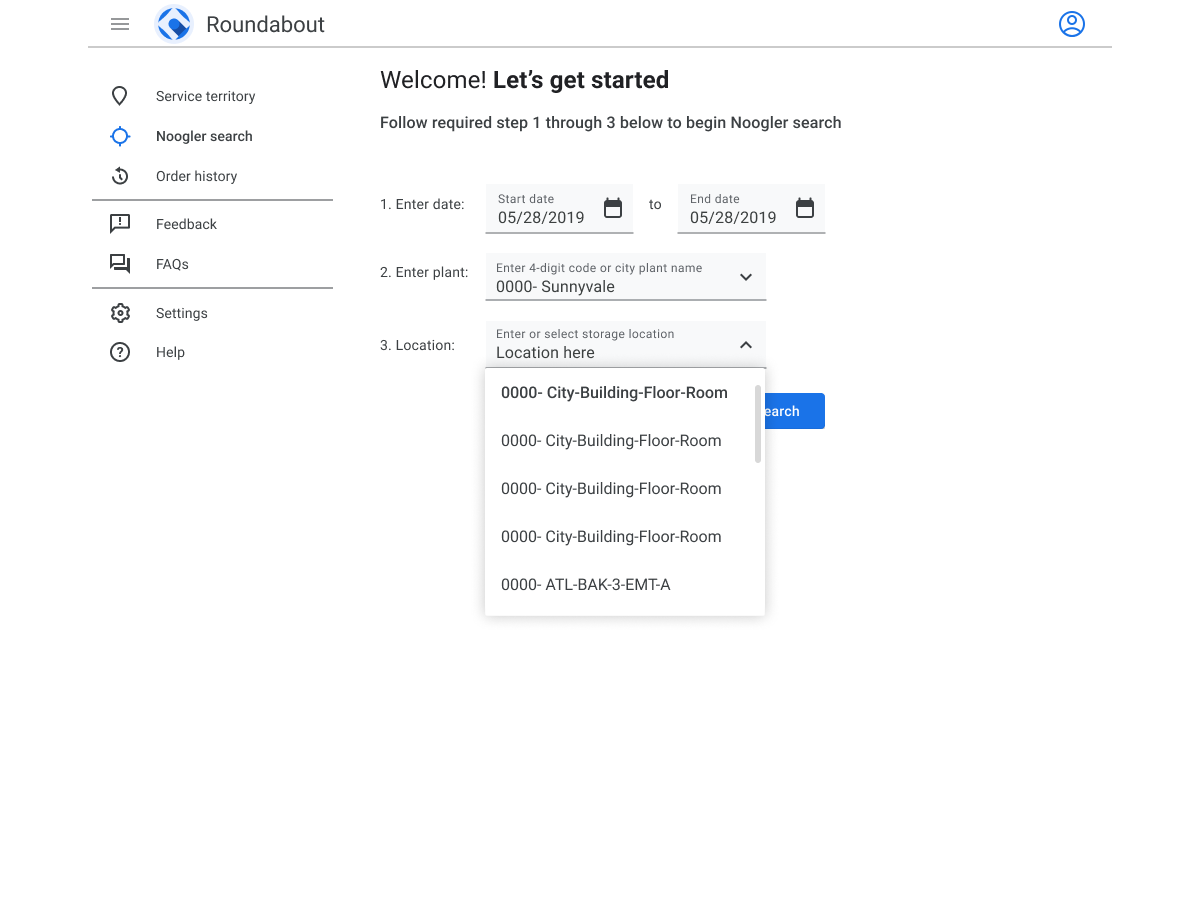 Roundabout app, location dropdown menu