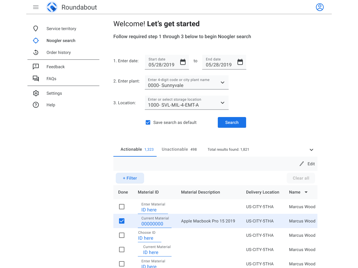 Roundabout app, data table view