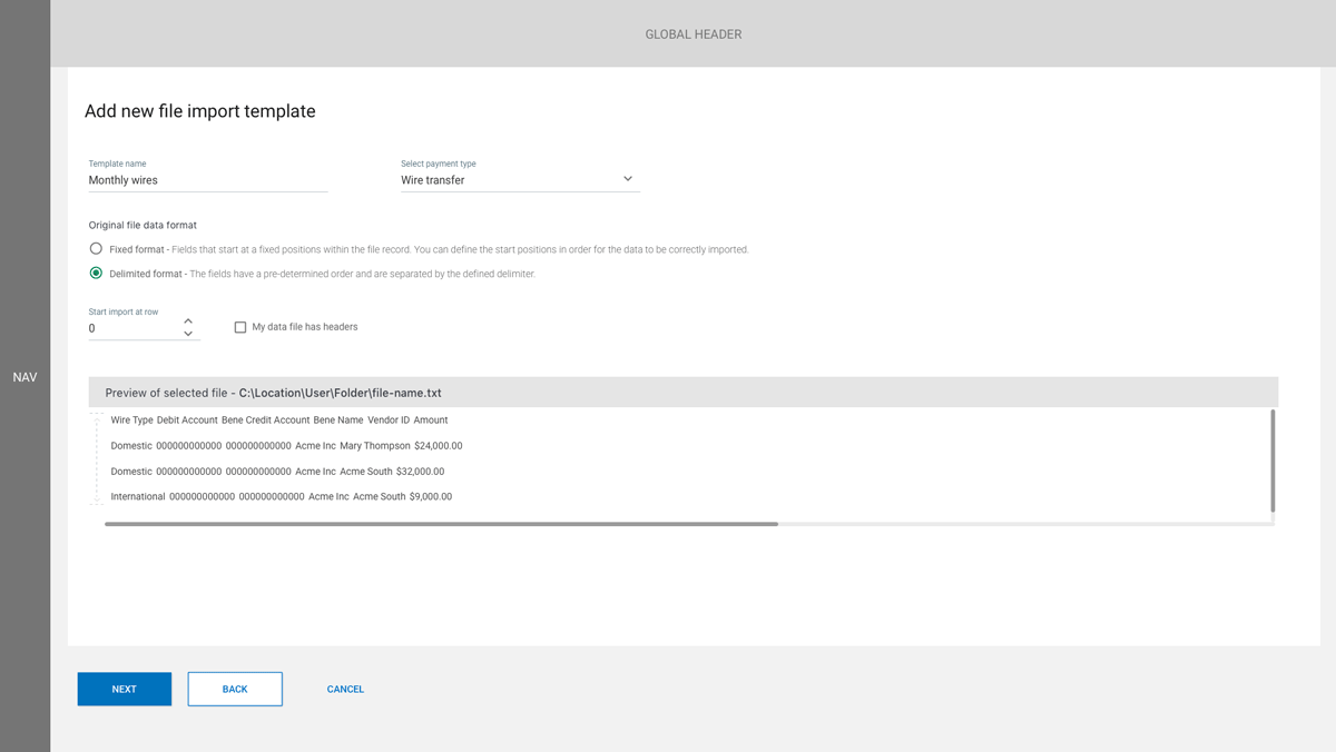 CMOS App file upload, delimited format step 1
