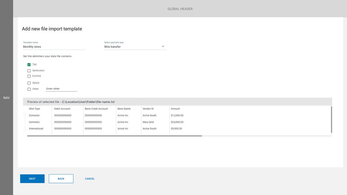 CMOS App file upload, delimiter checkbox selection