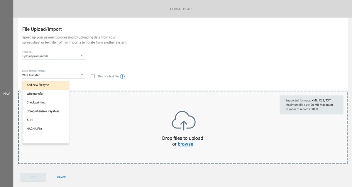 CMOS App file upload, payment type options