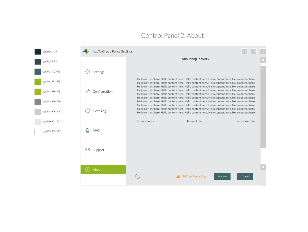 hopTo Control Panel, About screen
