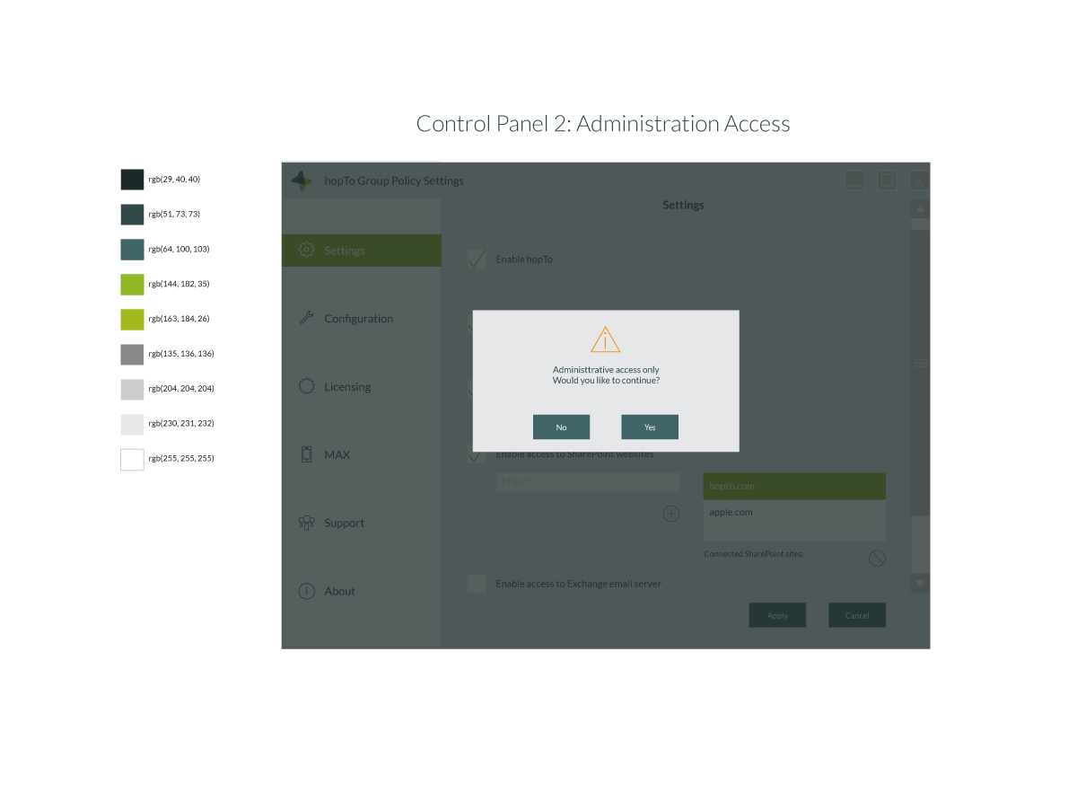 hopTo Control Panel, Admin screen