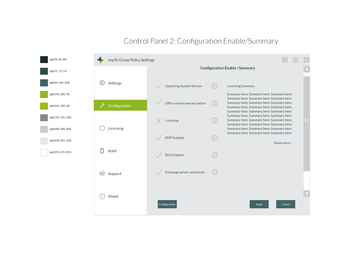 hopTo Control Panel, Configuration screen