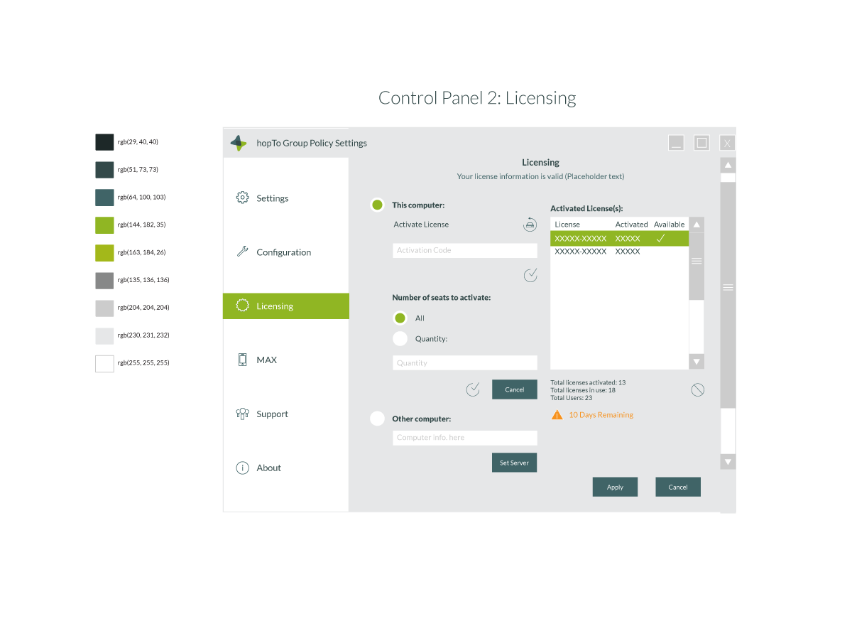 hopTo Control Panel, Licensing screen
