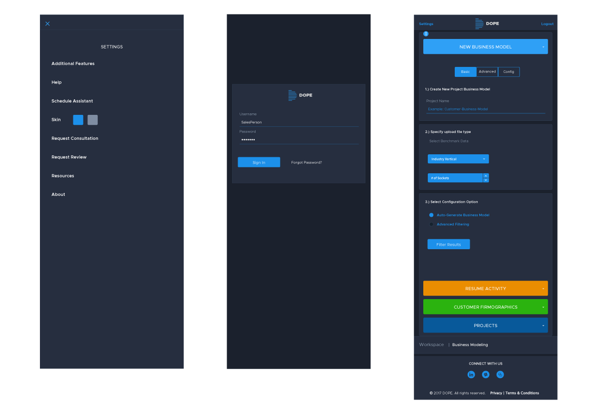 DOPE web app, top navigation