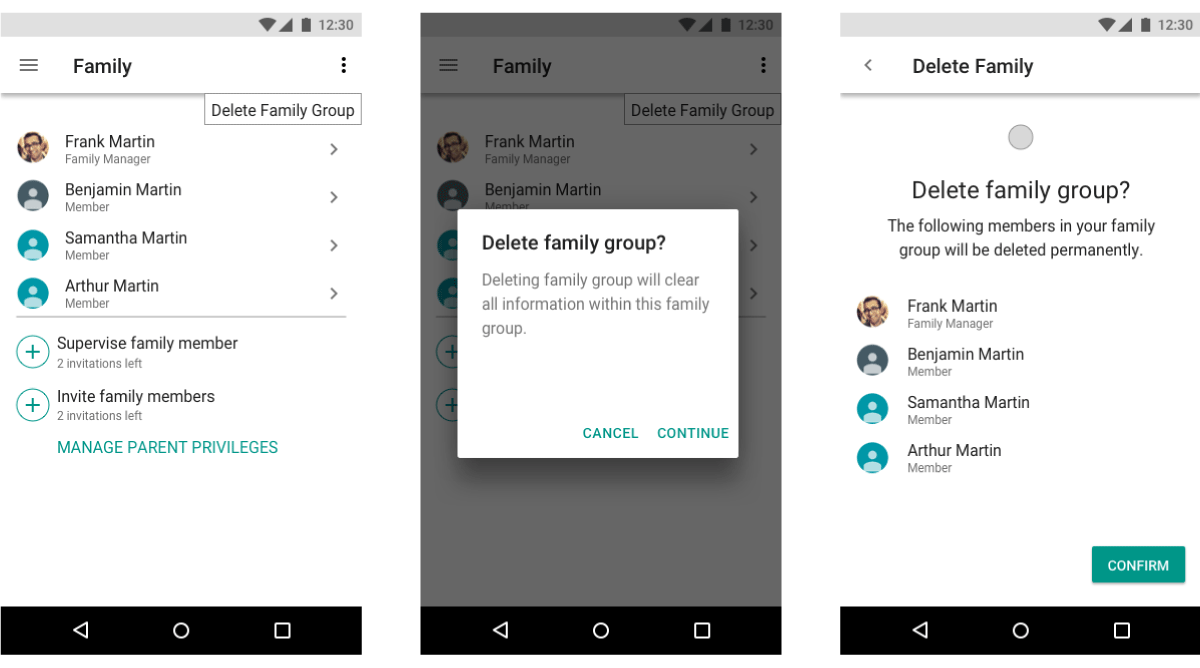Family Link app, delete group flow step A