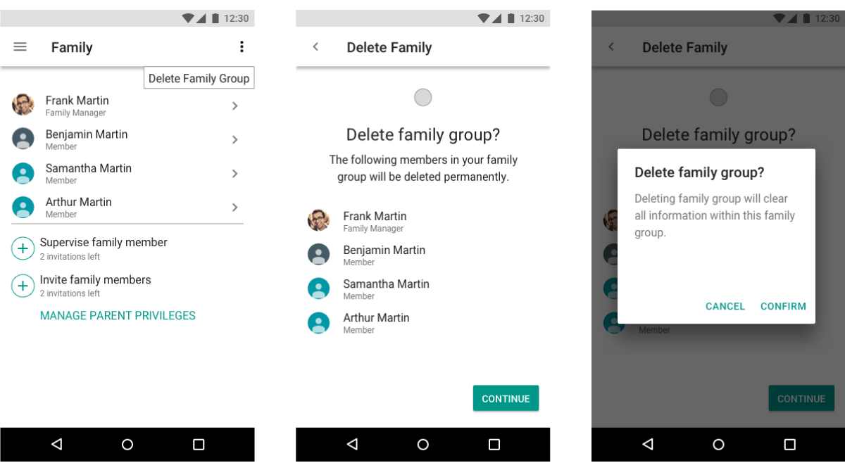 Family Link app, delete group flow step B