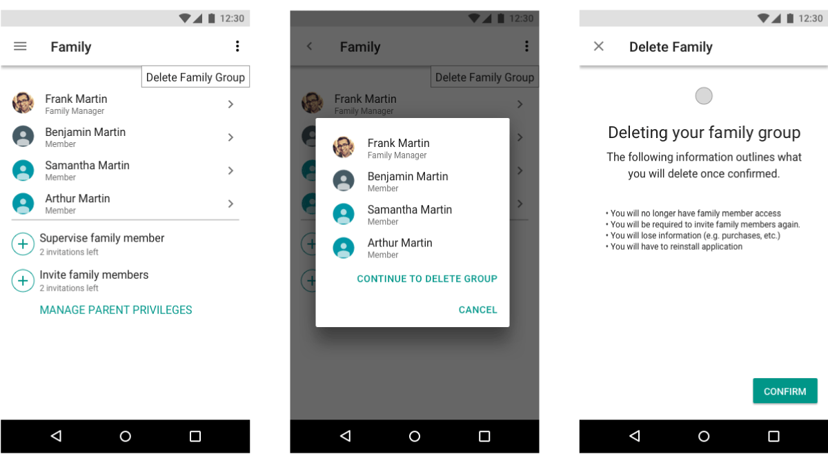 Family Link app, delete group flow step C