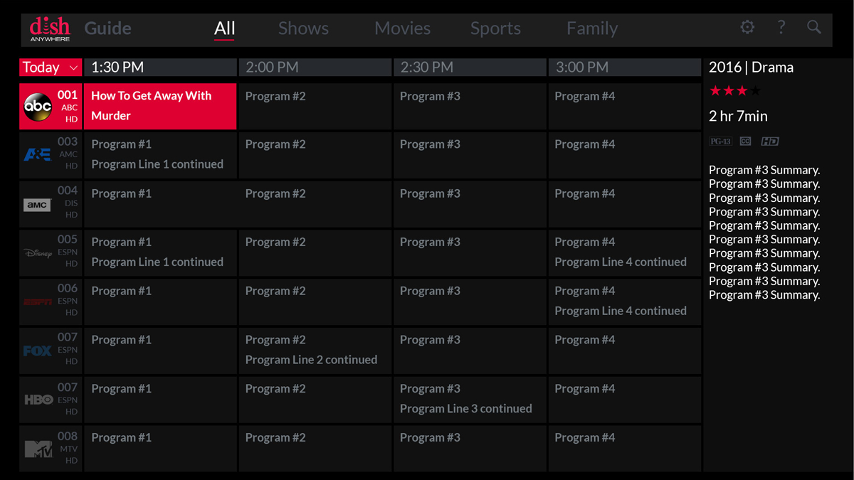 Sling TV app, guide screen