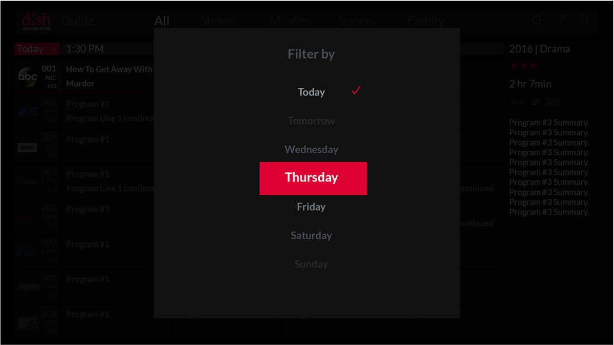 Sling TV app, guide filter