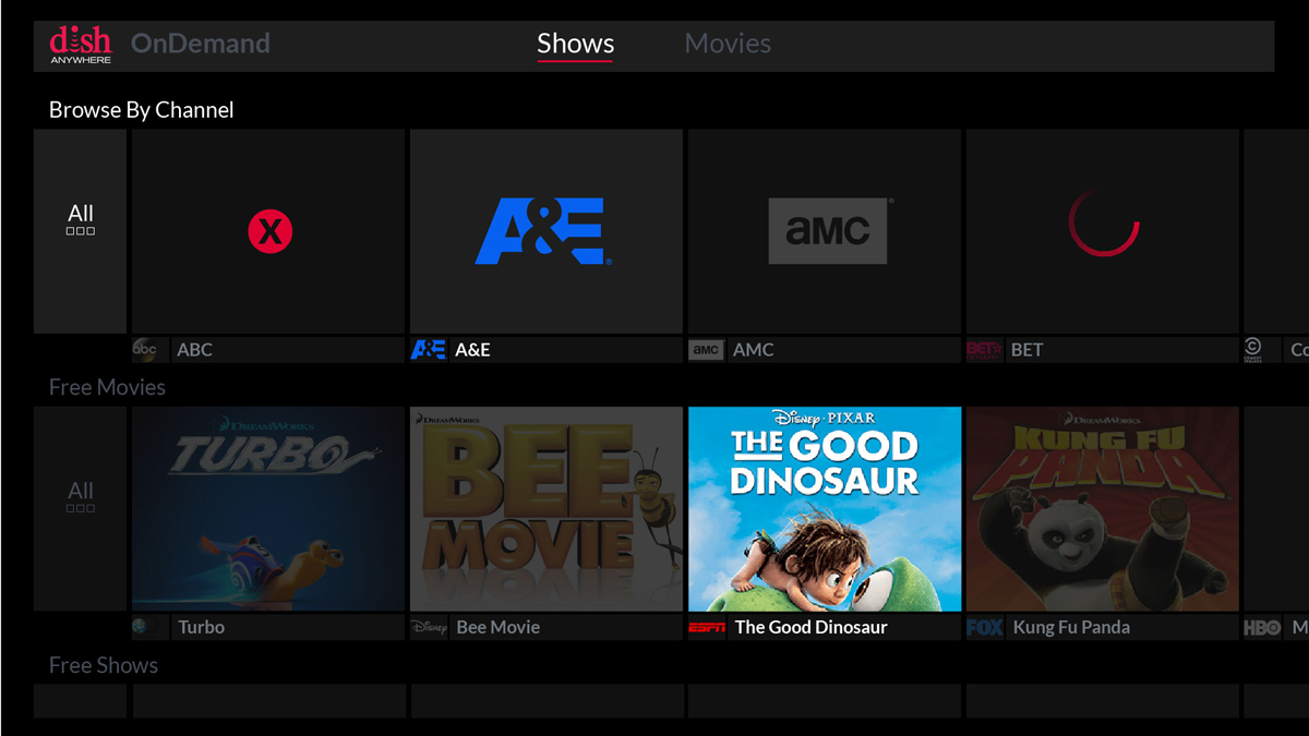 Sling TV app, on-demand screen