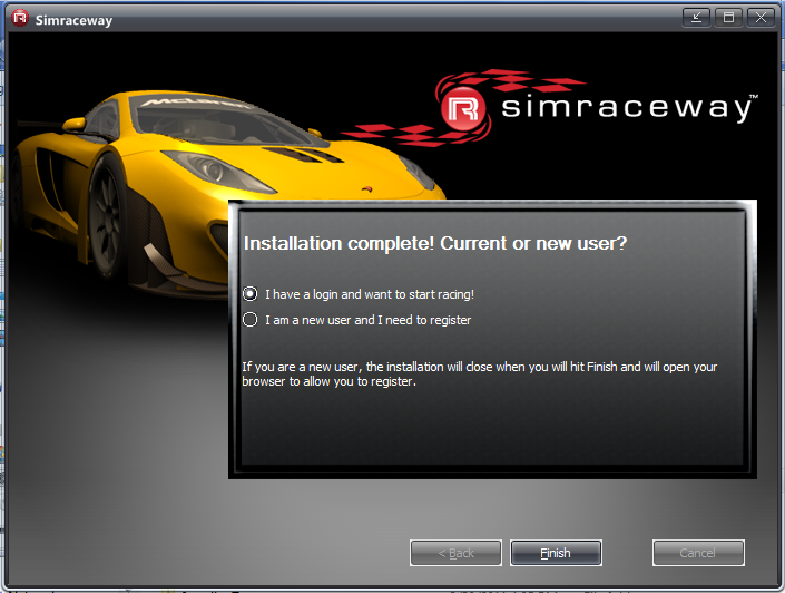 Simraceway installer, complete screen