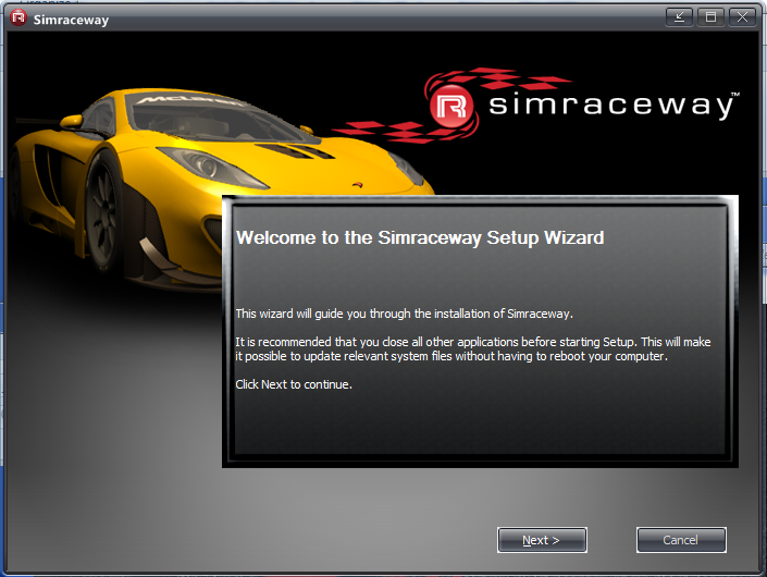 Simraceway installer, welcome screen