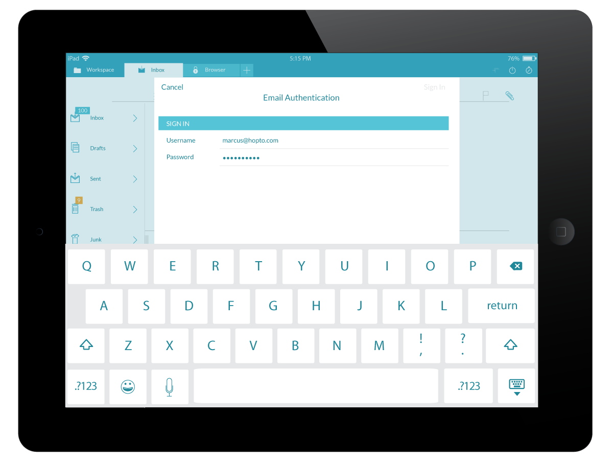 hopTo app, email authentication screen