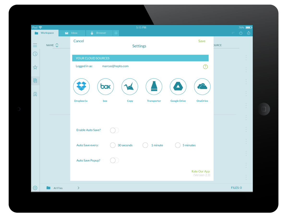 hopTo app, settings cloud active screen