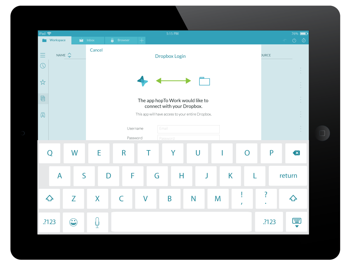 hopTo app, settings cloud login screen