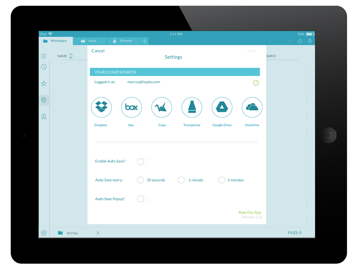 hopTo app, settings screen