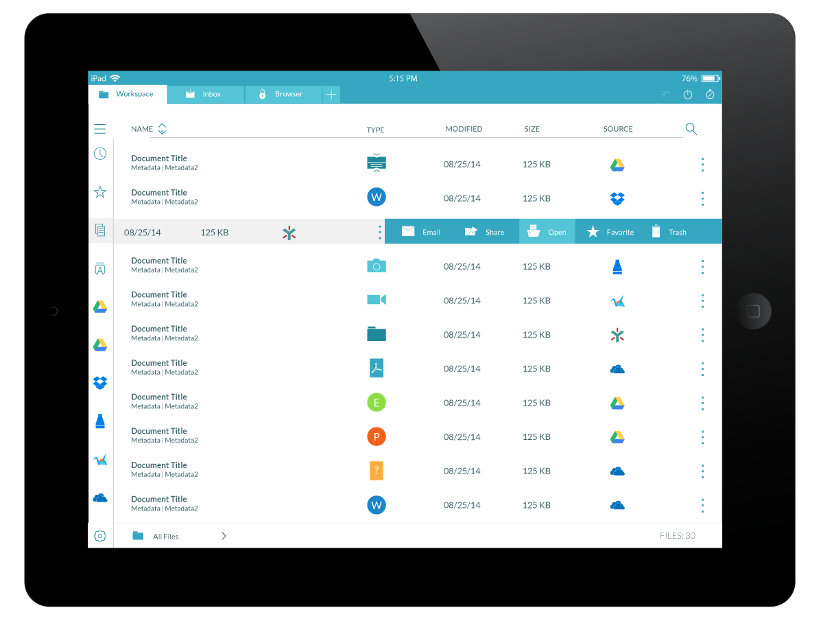 hopTo app, workspace file options screen